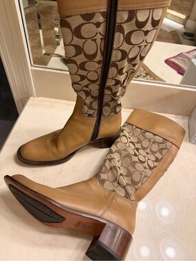 Coach Tan Logo-Panel Leather Knee Boots